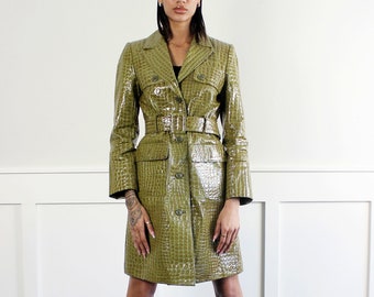 Y2K wilsons leather avocado green croc embossed patent trench coat | fitted belted jacket | S M