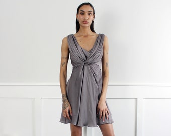Y2K silk gray empire waist mini gown | pleated v neck dress S M