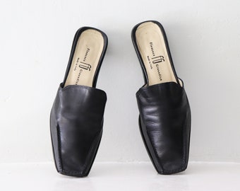 Vtg 90s black soft leather minimalist square toe mules, made in Italy  slides | EU 38.5 US 8 7.5