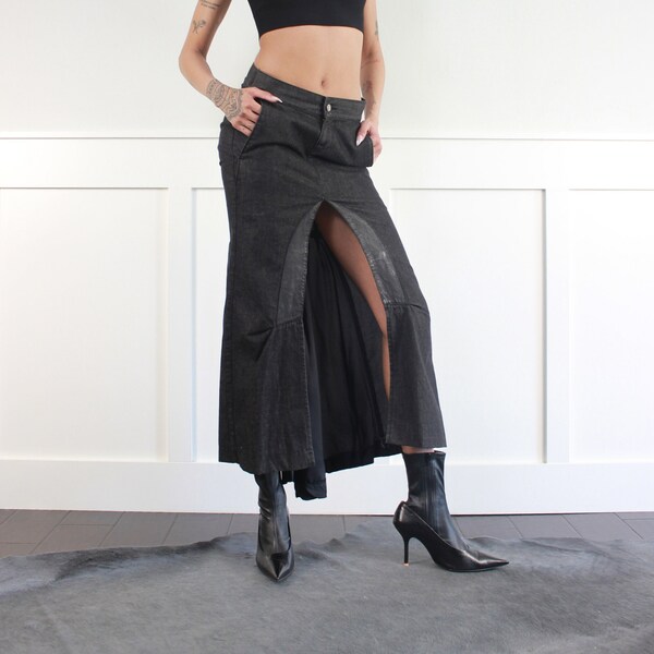 Y2K 00' denim corset maxi skirt | front slit cargo skirt | M
