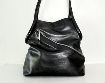 Vtg 90s black leather ICEBERG avant-garde shoulder bag | hobo purse | made in Italy