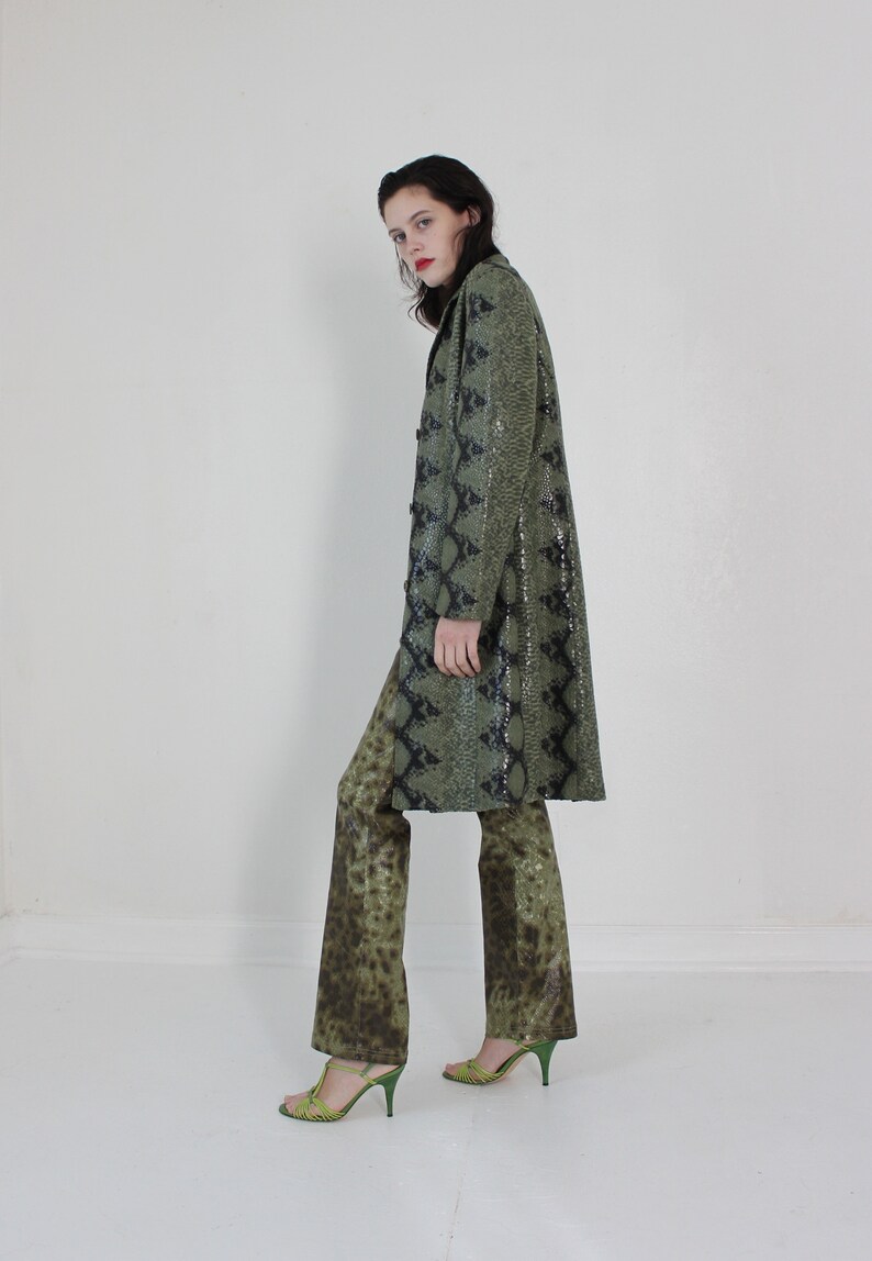moss green wet look snake print embossed coat S M