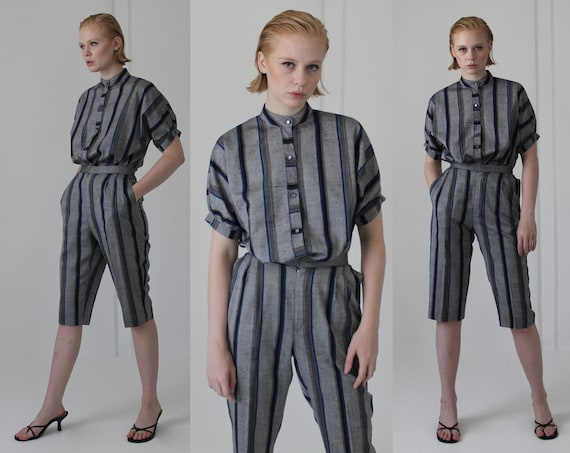 80's linen pin stripe pant suit | high waisted cul