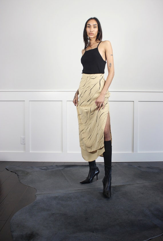tan pencil layered maxi skirt | abstract print | … - image 1