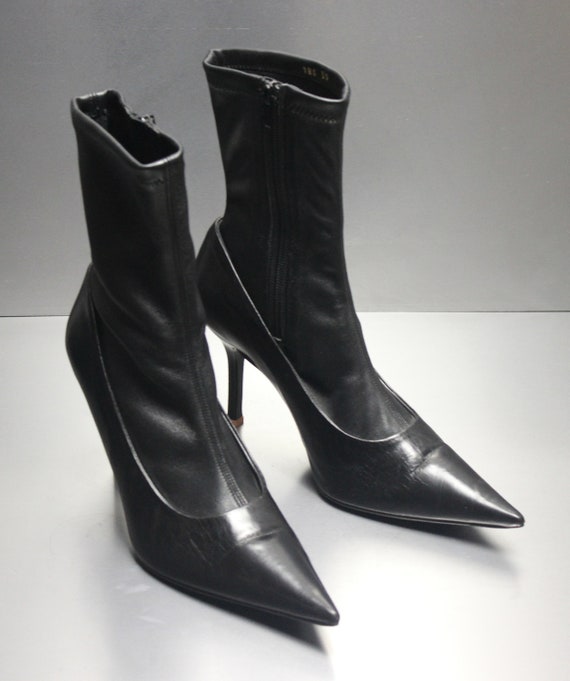 black leather knife pointed toe sock boots ACNE S… - image 3