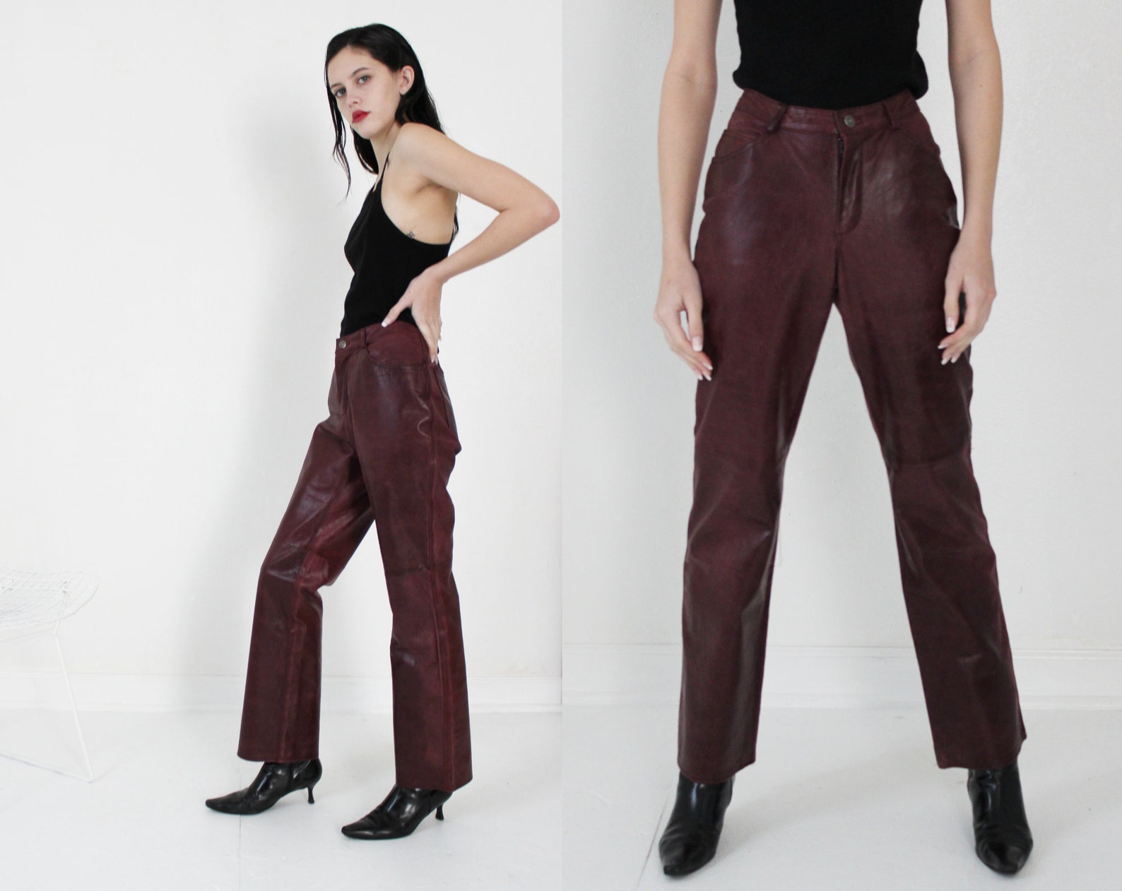 Oxblood distressed leather high rise pants W 26 27 | Etsy