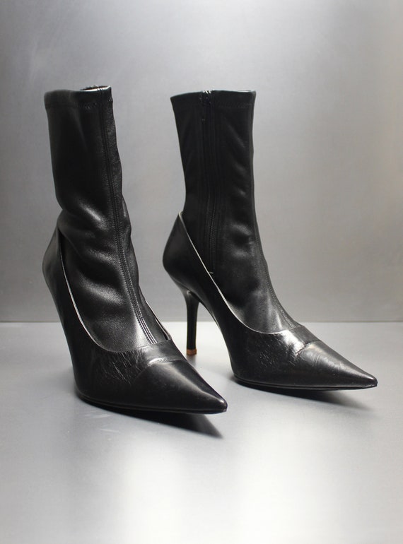black leather knife pointed toe sock boots ACNE S… - image 4