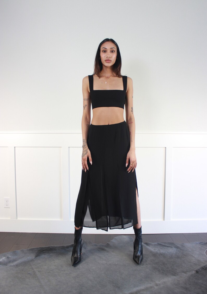 vtg 90s black cutout layered sheer midi skirt W 28 29 image 5