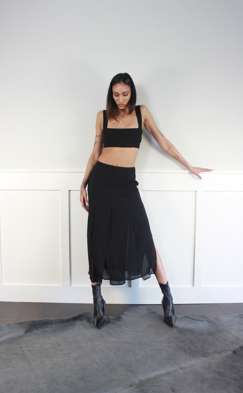 vtg 90s black cutout layered sheer midi skirt W 28 29 image 9