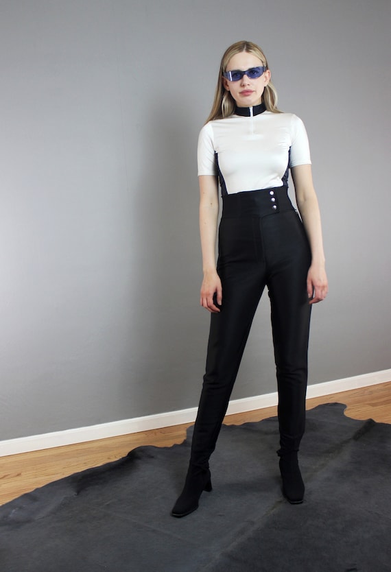 Vintage 80s 90s Black Neoprene Super High Waist Stirrup Pants, Ski Pants, 