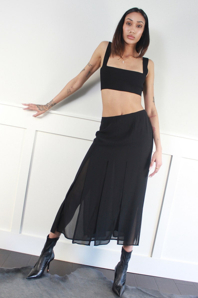 vtg 90s black cutout layered sheer midi skirt W 28 29 image 2