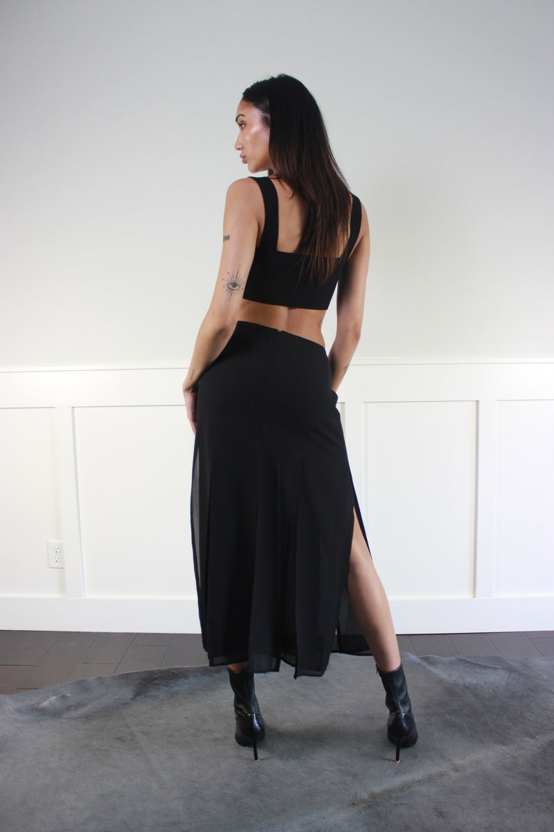 vtg 90s black cutout layered sheer midi skirt W 28 29 image 8