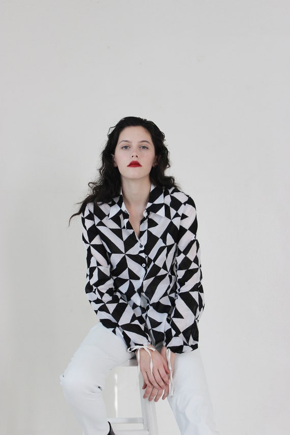GFF black & white harlequin print blouse | op art
