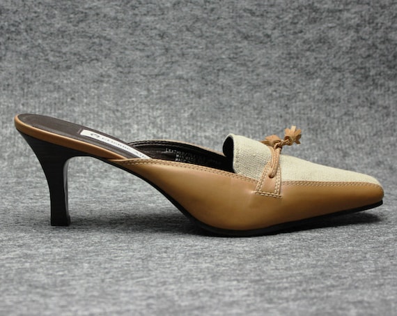 90s leather fabric tan heeled mules US 7.5