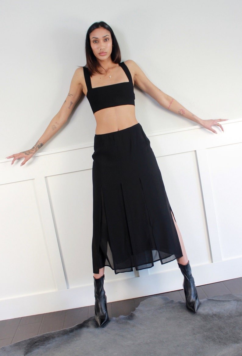 vtg 90s black cutout layered sheer midi skirt W 28 29 image 1