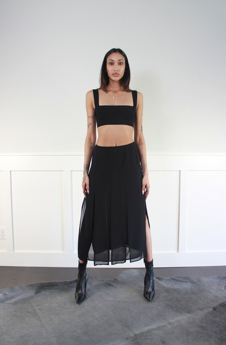 vtg 90s black cutout layered sheer midi skirt W 28 29 image 3