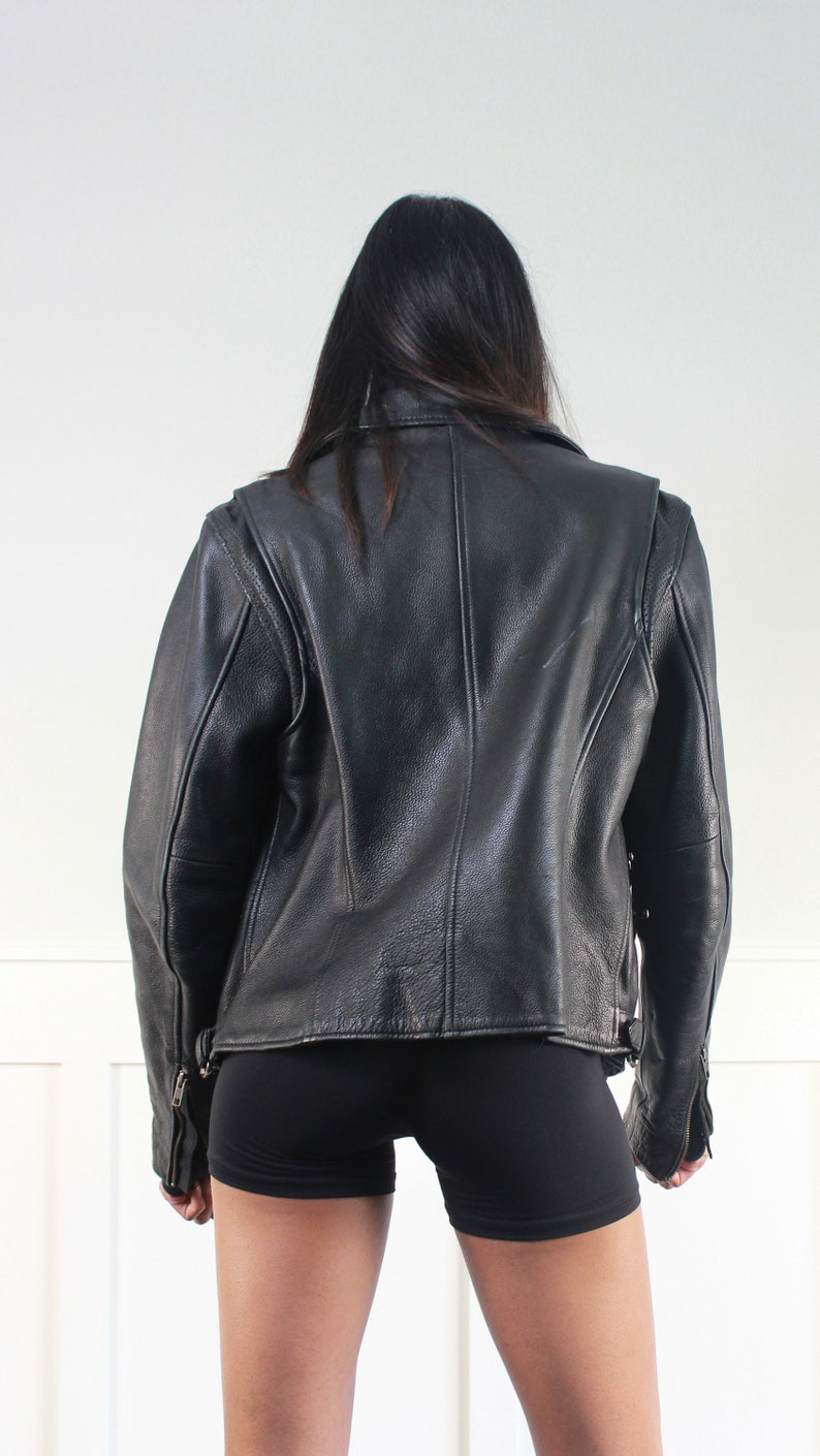 90s heavy leather motorcycle jacket unisex M image 6