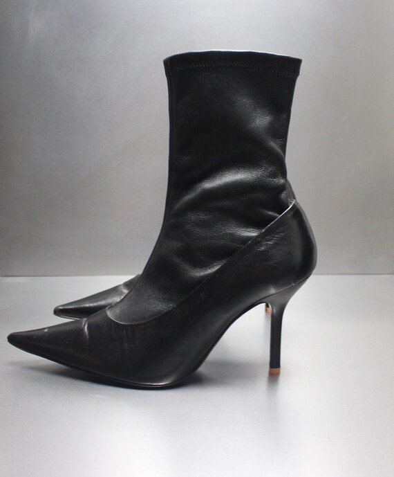 black leather knife pointed toe sock boots ACNE S… - image 7