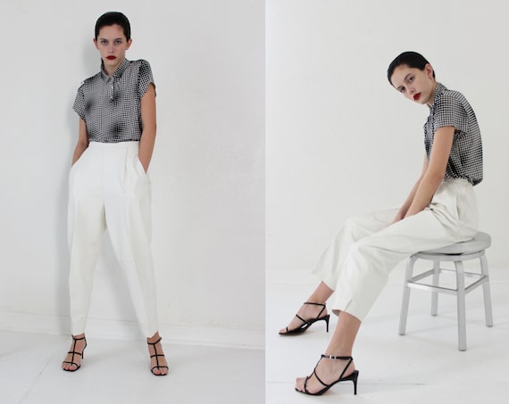 lamb leather white pleated trousers | S M