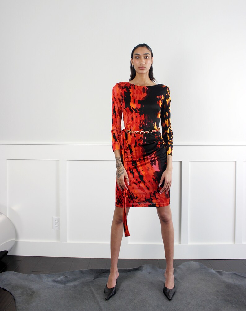 vtg 90s SILK black red abstract print bodycon midi dress S M image 2