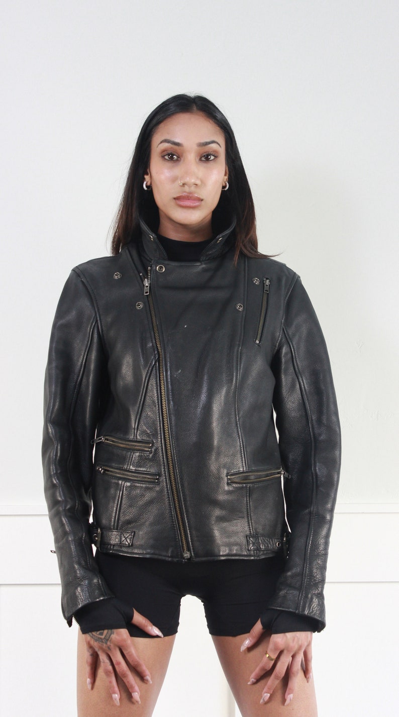 90s heavy leather motorcycle jacket unisex M image 8