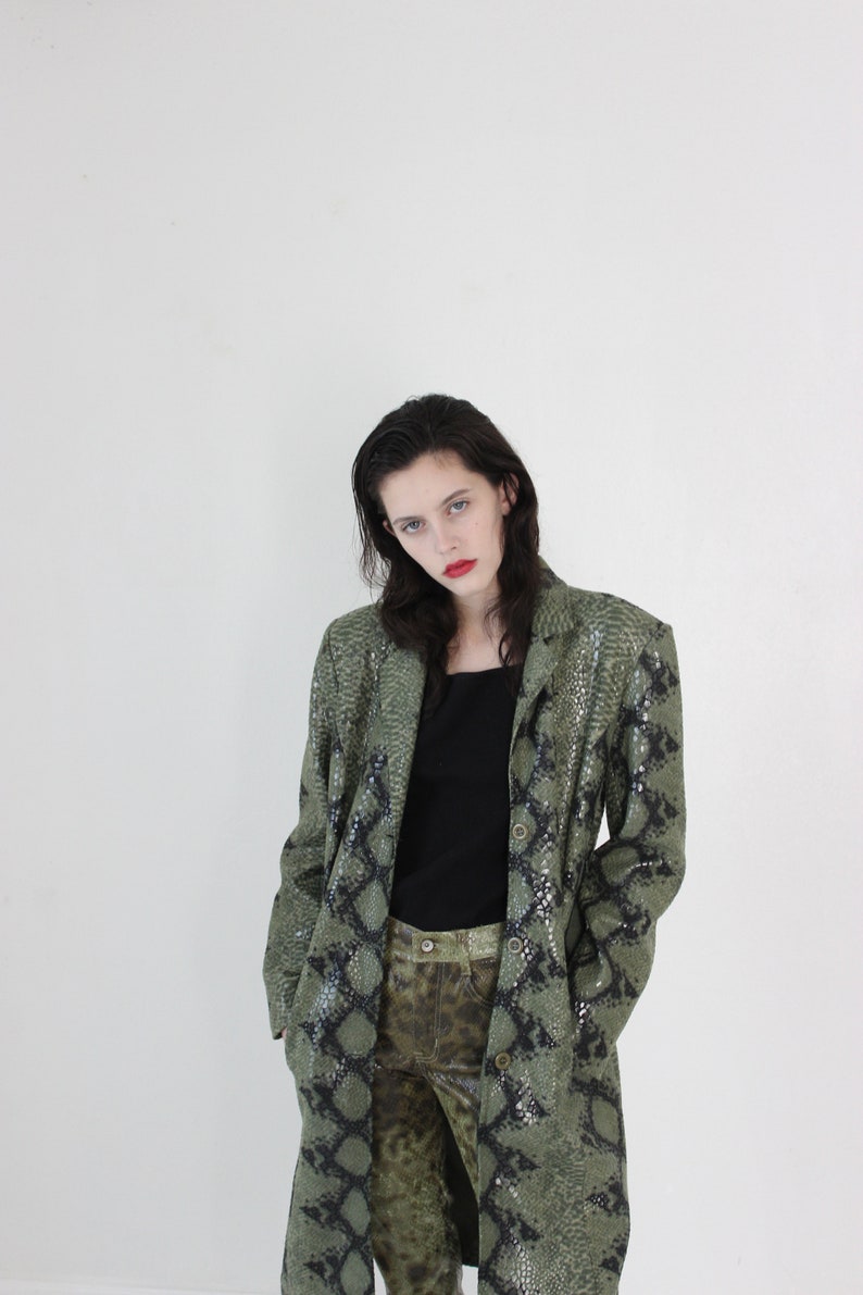 moss green wet look snake print embossed coat S M