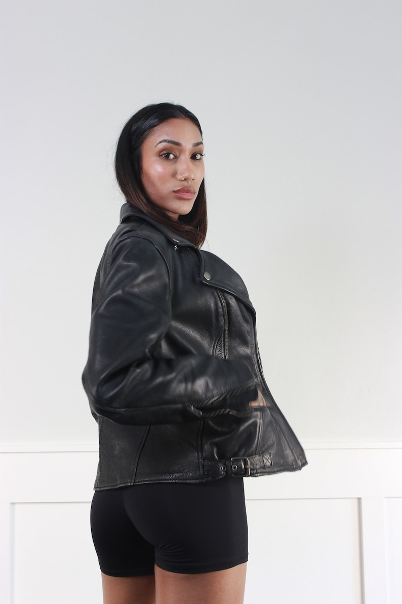 90s heavy leather motorcycle jacket unisex M image 4