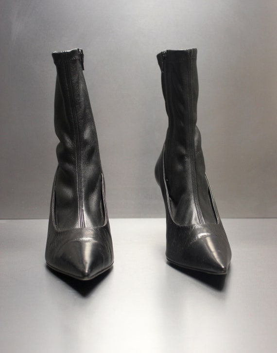 black leather knife pointed toe sock boots ACNE S… - image 5