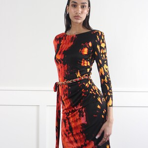 vtg 90s SILK black red abstract print bodycon midi dress S M image 7