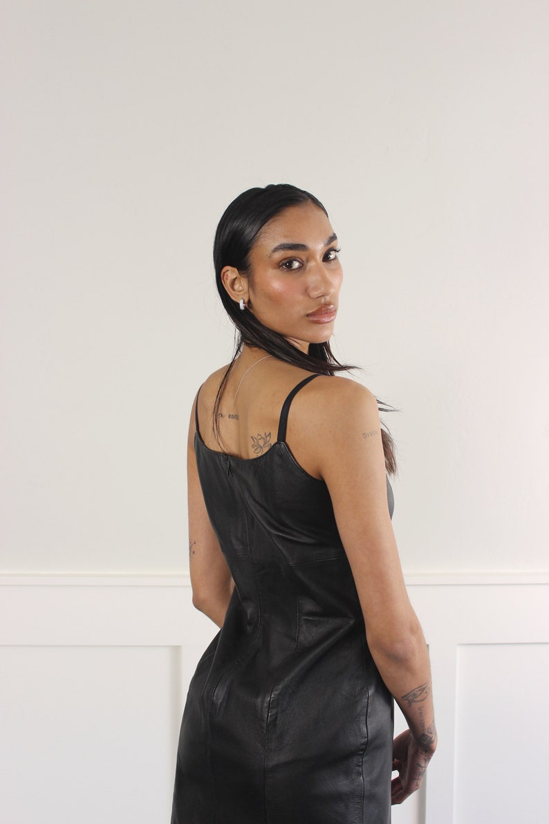 vtg 90s black leather bodycon strappy mini dress S M image 10