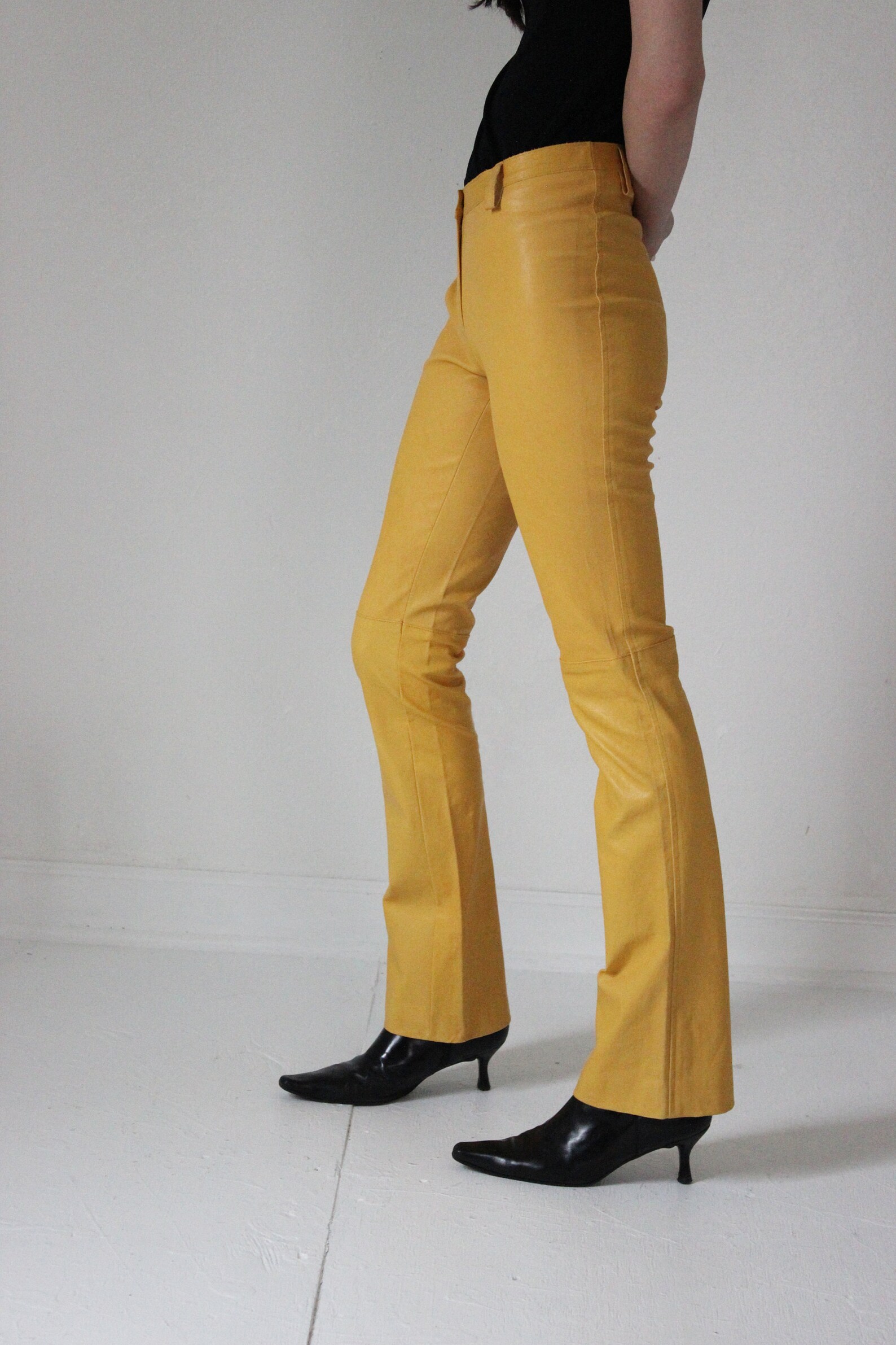 Faux leather mustard yellow minimal pants W 28 Etsy