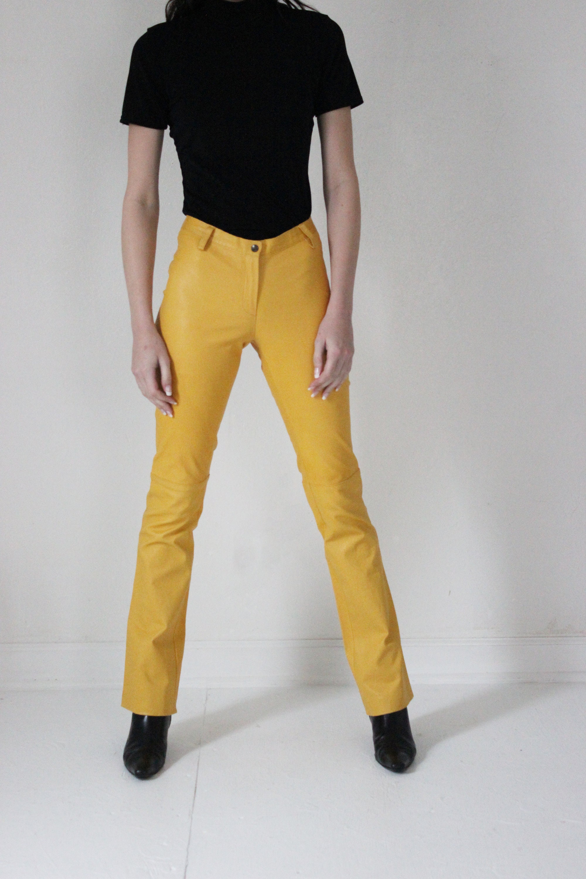 Faux leather mustard yellow minimal pants W 28 Etsy