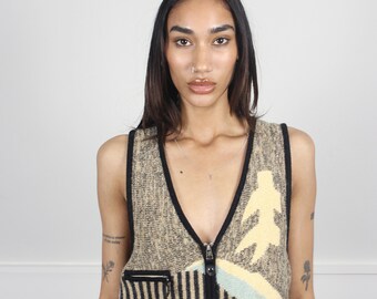 Y2K knit vest, striped top, abstract print knit sleeveless top, S M L