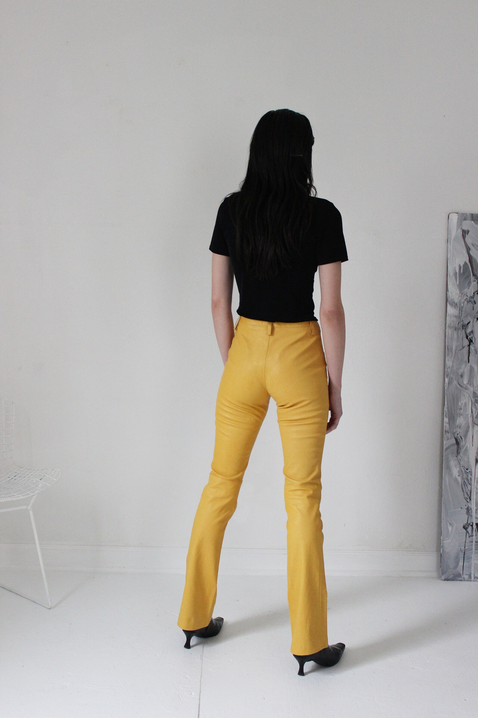Faux leather mustard yellow minimal pants W 28 Etsy