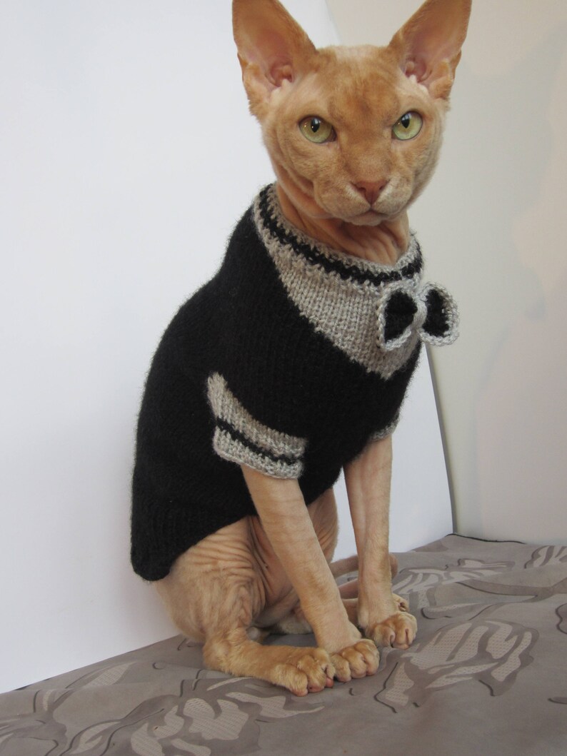 Pu&ograve; includere: Un gatto senza pelo che indossa un maglione di lana nero e grigio con un papillon. Il gatto &egrave; seduto su una superficie con un motivo.