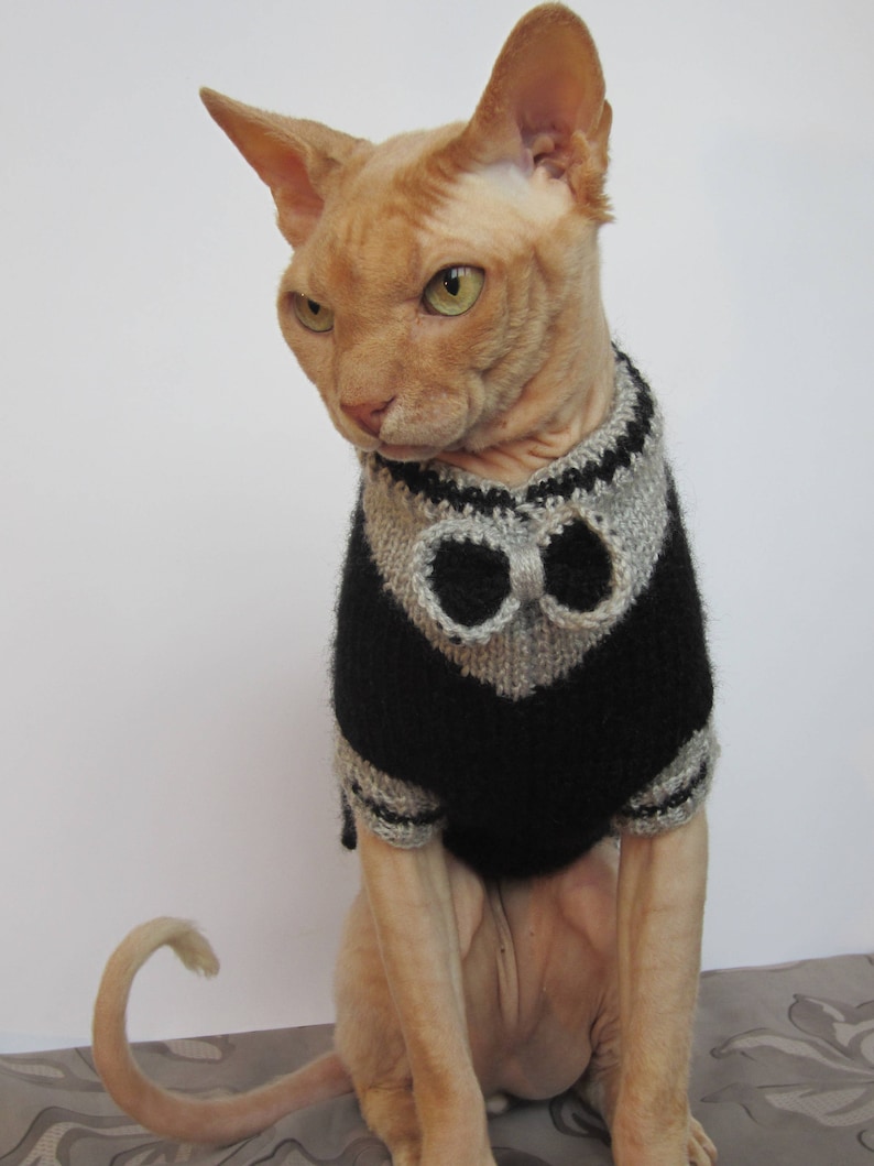 Pu&ograve; includere: Un gatto senza pelo che indossa un maglione di lana nero e grigio con un papillon. Il gatto &egrave; seduto su una superficie con un motivo.