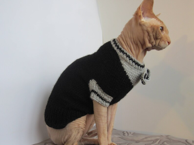 Pu&ograve; includere: Un gatto senza pelo che indossa un maglione di lana nero e grigio con un papillon.