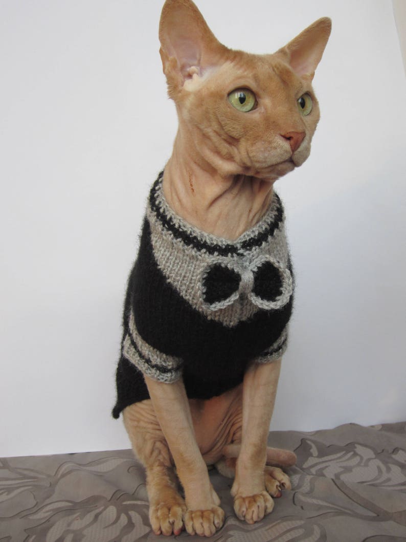 Pu&ograve; includere: Un gatto senza pelo che indossa un maglione di lana nero e grigio con un papillon. Il gatto &egrave; seduto su un tessuto a fantasia.