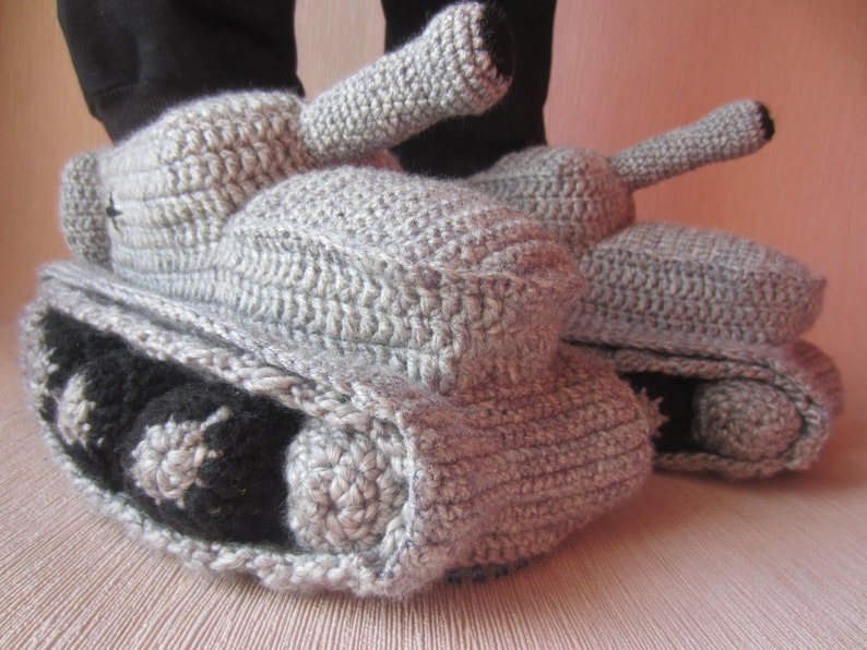 Hand Knit Slippers, Crochet Tank Slippers, Adult Crochet Slippers, Gift For Him, Handmade Shoes, Tank Slippers Shoes, Tanks Knit Slippers image 2