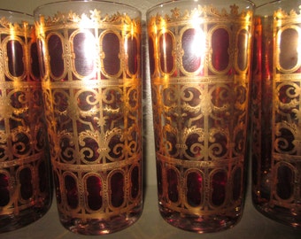 Set of 6 Culver High Ball Glasses with 22K Gold Scroll Work and Cranberry Pattern