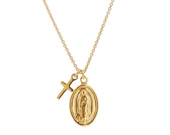 Virgin Mary necklace, Cross Virgin necklace, Coin cross necklace, Gold cross necklace, Silver cross necklace, Charm necklace