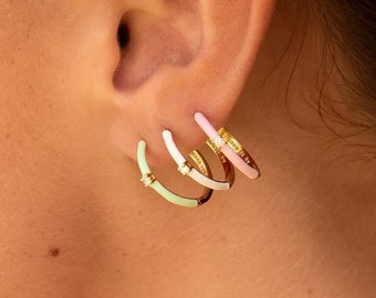 Enameled hoop earrings with white zirconia, Big Cz hoops, Multicolor Tiny hoops, Dainty hoops, Enameled earrings, Cz earrings, Tiny hoops