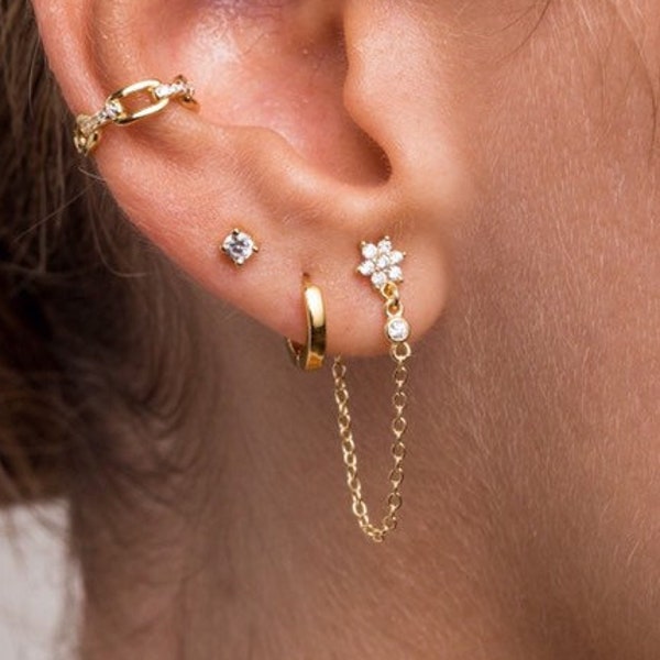 Chain earrings flower shaped, Cz earrings, Gold earrings, Minimalist earrings, Dainty earrings, Dangle chain earring, Silver earring,