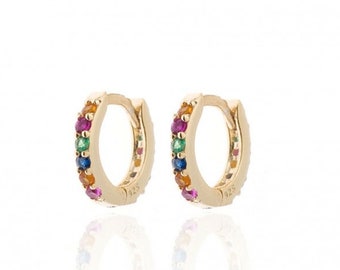 Multicolored cz tiny hoop earrings, Rainbow cz small hoops, Tiny hoops, Dainty hoops, Minimalist hoop earrings, Huggie hoop earrings