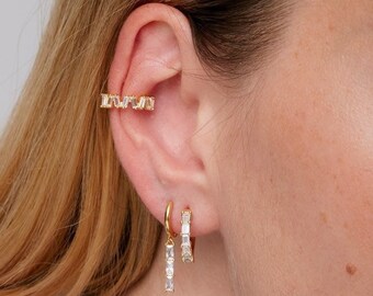 Cz gold hoops, Gemstone hoop earrings, Gold hoops, Silver hoops, Baguette hoops, Dainty hoops, Color baguette zirconia, Cz Hoops- I-PEN1123