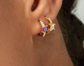 Zirconia gold hoops - blue zircon hoops - white zircon hoops - rose zircon hoops - gemstone gold Hoops - gemstone earrings - dainty hoops