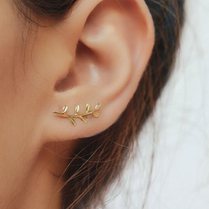 Gold Leaves Ear Climber Leaf ear cuff earrings Silver leaf ear climbers Minimalist leaf earrings Leaves pin ear climber earrings image 4