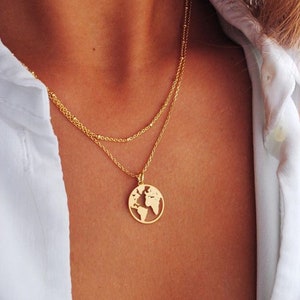 World map necklace, Globetrotter necklace, Gold map necklace, World necklace, map necklace, Medal necklace, Dainty necklace, Silver necklace image 2