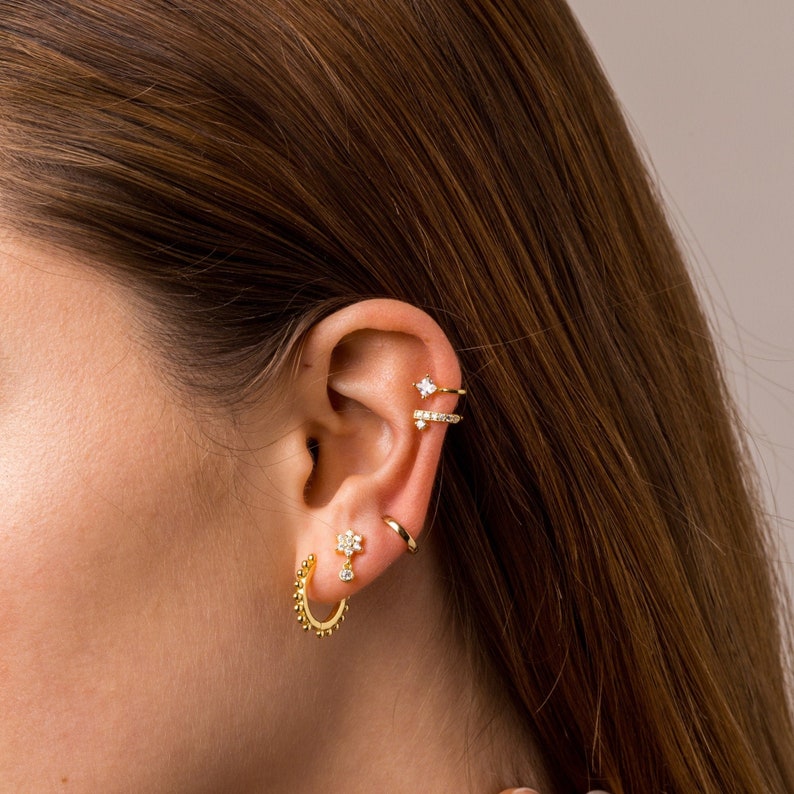 Star Dangle Earrings Dainty Stud Flower Cz Earrings Gold Etsy