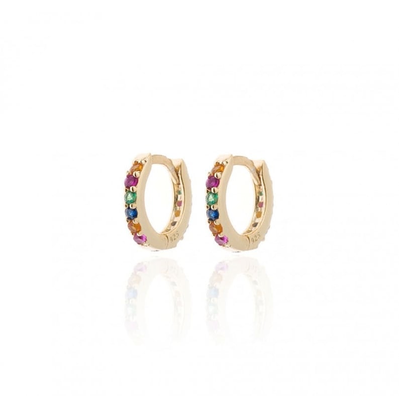 Multicolored cz tiny hoop earrings, Rainbow cz small hoops, Tiny hoops, Dainty hoops, Minimalist hoop earrings, Huggie hoop earrings image 1